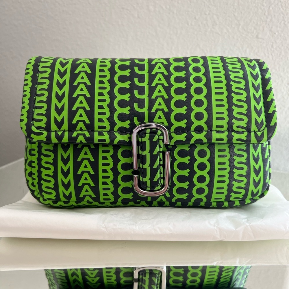 NEW MARC JACOBS Logo Monogram Leather Chain Strap Crossbody Dark Grey Green